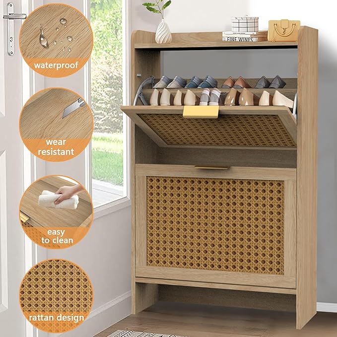 Hidden Shoe Storage Cabinets with 2 Flip Drawers and Wood Legs, Freestanding Narrow Shoe Organizer Rack for Entryway, Natural-NeatNest