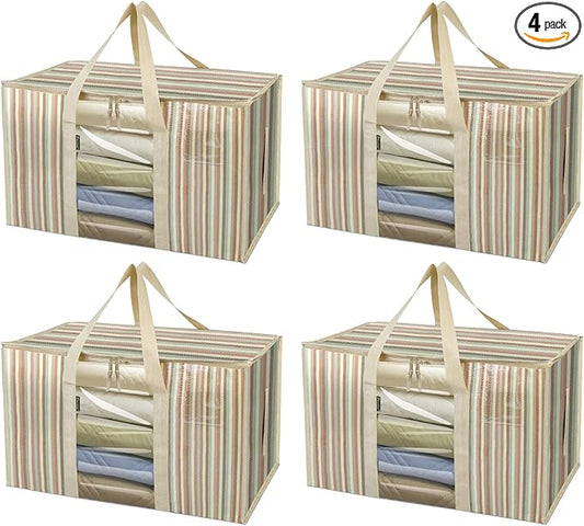 BALEINE 4-Pack Oversized Moving Bags with Reinforced Handles, Heavy-Duty Storage Tote for Clothes, Moving Supplies (Color Stripe with Window, 4-Pack)-NeatNest