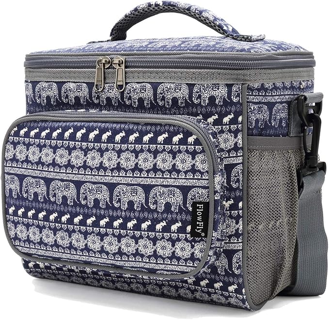 FlowFly Insulated Reusable Lunch Bag Adult Large Lunch Box for Women and Men with Adjustable Shoulder Strap,Front Zipper Pocket and Dual Large Mesh Side Pockets,Elephant-NeatNest