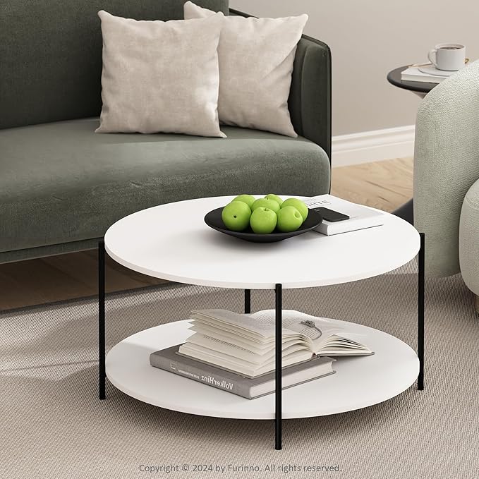 Furinno Besi 2-Tier Modern Round Coffee Table Table with Sturdy Metal Legs, White/Black-NeatNest