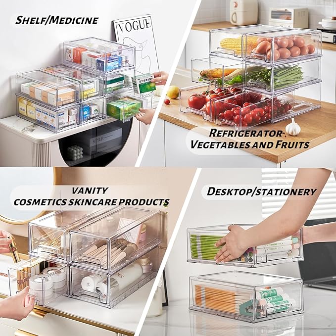 PeJeyiee Clear Stackable Refrigerator Organizers and Storage Drawers - Pull-Out Fridge Bins with Anti-Slip Base & Easy Clean, Plastic Organizers for Kitchen Pantry Cabinet Closet ﻿ (2XL)-NeatNest
