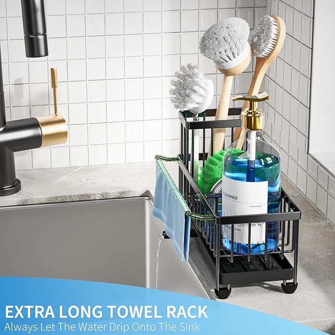 Cisily Sponge Holder for Kitchen Sink with Towel Rack, Sink Caddy with Kitchen High Brush Holder, Organzier Rustproof 304 Stainless Steel Dish Organizer Divider, Soap Dispenser Storage-NeatNest