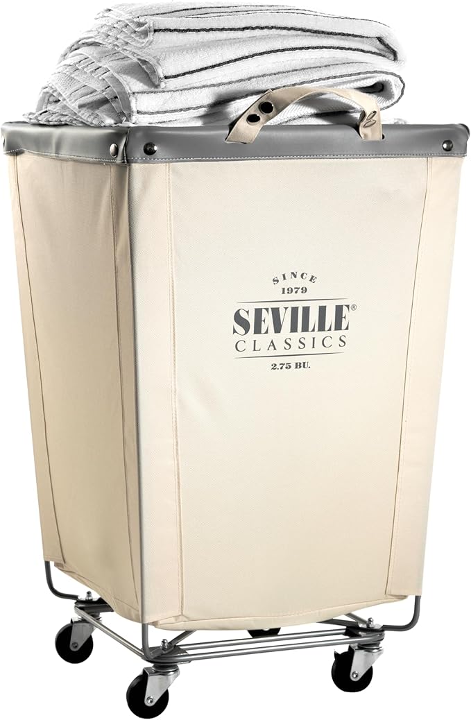 Seville Classics Large Commercial Heavy Duty Rolling Steel Frame Laundry Hamper Canvas Cart Bin, w/ Wheels for Hotel, Home, Closet, Bedroom (PATENTED), Cream, 18.1" D x 18.1" W