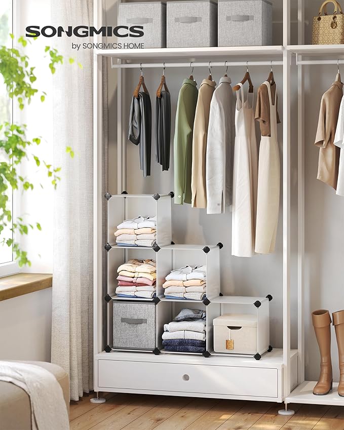 SONGMICS 6 Cube Storage Organizer, DIY Closet Shelf, Plastic Clothes Organizer, Modular Bookcase, 11.8 x 11.8 x 11.8 Inch Cubes, with Feet and Rubber Mallet, White ULPC06W