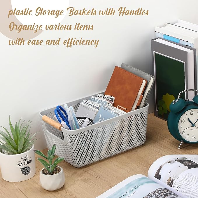 4 Pcs Plastic Mesh Baskets with Handles - Mesh Storage Organizer Bin Container Baskets for Home Organizing Pantry Closet Cabinet Kitchen Fridge Fruit Snacks Gifts, Grey(Medium)