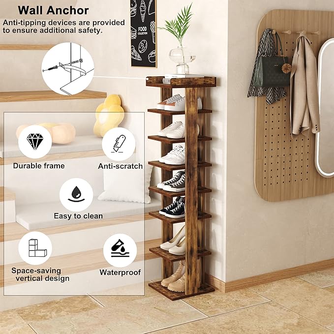 HOMEFORT 7-Tier Wood Shoe Rack, Entryway Shoe Tower,Vertical Shoe Organizer, Wooden Shoe Storage Stand, Rustic Brown-NeatNest