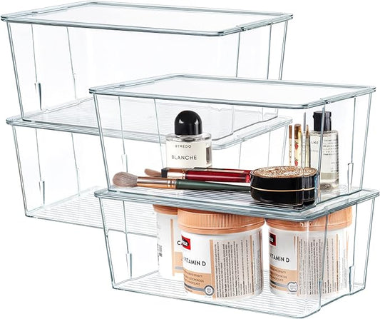 Hudgan Clear Plastic Storage Organizer Bins with Acrylic Lids for Home Office, Kitchen, Cupboard, Pantry Shelves, Medicine Cabinet, Craft Rooms - 4.5-Inches Tall - 4 Pack-NeatNest