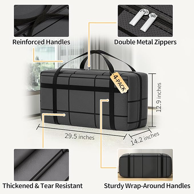4 Pack 90L Large Storage Bag, Heavy Duty Moving Bag, Large Tote Bag, with Sturdy Handle & Zipper, for Storage & Moving