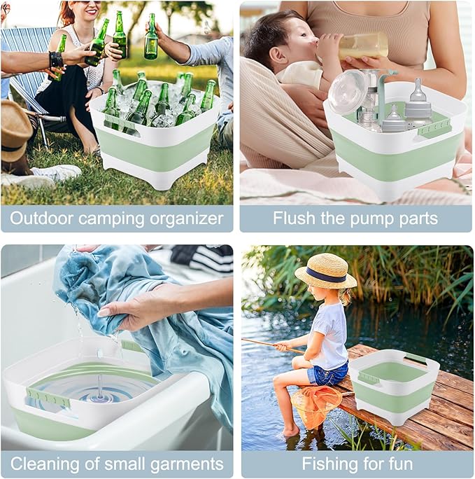 2.4 Gal Collapsible Wash Basin with Drain Plug, Space-Saving Portable Wash Tub, 9L Dish Pan for Soaking Baby Bottles and Pump Parts, Versatile Dish tub for Kitchen, RV, Outdoor Camping Sink (Green)-NeatNest