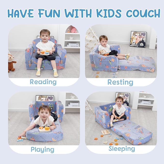 Comfy Toddler Chair and Couch for Kids with Blanket,2-in-1 Soft Plush Fold Out Toddler Couch for Girls and Boys,Convertible Sofa to Lounger for Playroom,Car Excavator-NeatNest