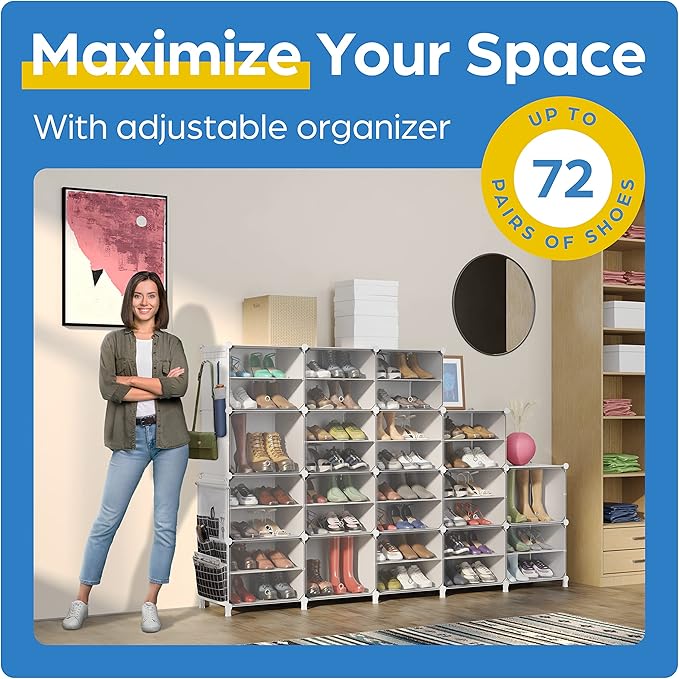 Shoe Organizer Cabinet Up to 72 Pairs, Shoe Closet-Covered Shoe Rack with See-Through Door (Clear, Plastic, Stackable) Cubby Portable Shoe Organizer with Covers, Hooks & Pockets, White-NeatNest