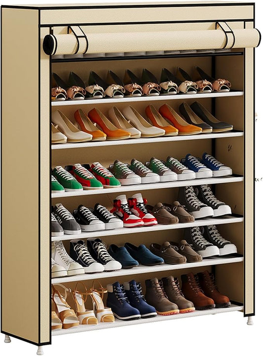 Calmootey 7 Tier Shoe Rack Organizer to Hold 35 Pairs, Portable Shoe Shelf with Nonwoven Fabric Cover for Closet Hallway, Bedroom, Entryway, Beige-NeatNest