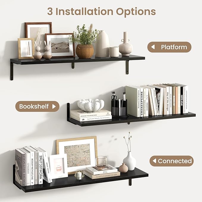 Fun Memories Deep Floating Shelves, 36W x 8D Floating Shelves Set of 2, Wall Mounted Shelf with Metal Brackets, Rustic Wood Wall Shelf for Bathroom, Kitchen and Living Room, Black-NeatNest