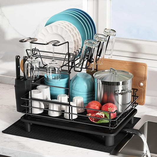 2 Tier Black Large Stainless Steel Dish Drainers Drying Rack for Kitchen Counter with Drainboard, Rust Proof Metal, Space Saving, Modern Aesthetic, Compact Plates Strainers with Extra Mat