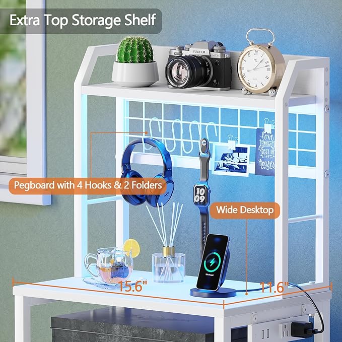 Furologee 40'' Tall Nightstand with Charging Station, Bedside Table with LED Lights, End Table with 2 Drawers and Storage Shelves, Night Stand with Pegboard for Bedroom, White