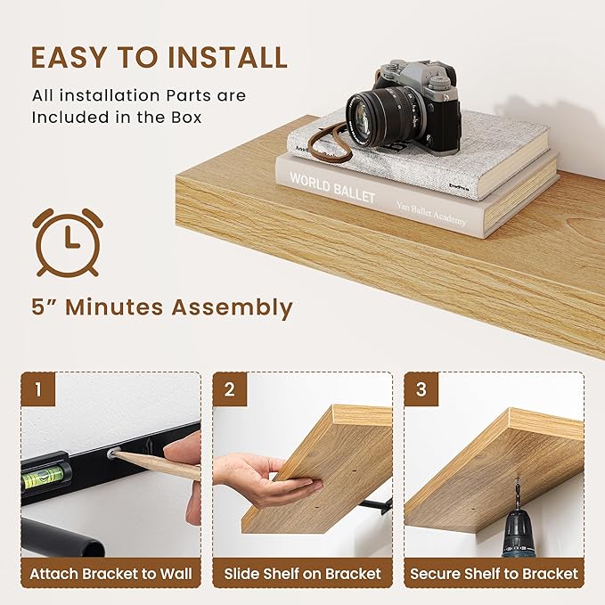 fuqing Floating Shelves for Wall, Bathroom Shelf Wall Mounted for Storage, Shelves with Invisible Bracket for Bedroom, Kitchen, Living Room, Farmhouse Small Book Shelf, 36 Inch Set of 2, Oak-NeatNest