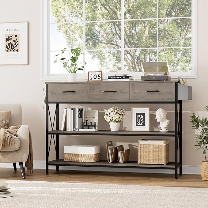 HITHOS 47.2" Long Console Table with 3 Drawers and 3-Tier Storage Shelves, Industrial Sofa Table for Living Room Entry Way-NeatNest
