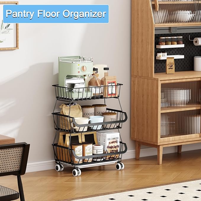 3-Tier Rolling Pantry Floor Organizer, Stackable Pantry Storage Cart with Wheels, Metal Wire Pantry Baskets, Kitchen Fruit Basket Stand, Vegetable Storage Rack for Fruits Snacks Onions Potatoes