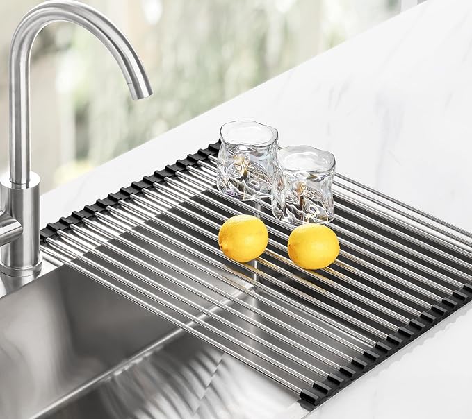 Tomorotec 21" x 15.5" Roll Up Dish Drying Rack Over Sink Drying Rack Sink Cover Kitchen Sink Accessories Gadget Multipurpose Organizer Foldable Stainless Steel Drainer