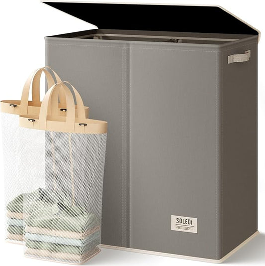 SOLEDI Large Double Laundry Hamper with Lid, Collapsible Clothes Hamper 2 section with Removable Bags, Space-Saving Laundry Basket for Bedroom, Dorm, College-NeatNest