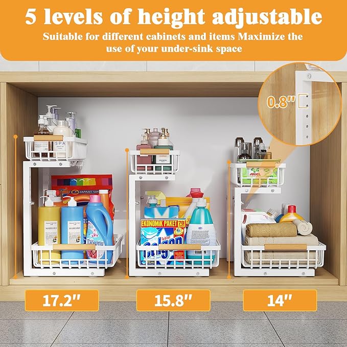 2-Tier Slide Out Under Sink Organizer – 2-Tier Pull-Out Storage Rack, Bathroom organizers and storage for Kitchen and Bathroom, Space-Saving Cabinet Organizer, Rustproof,（White)(2 Pack)-NeatNest