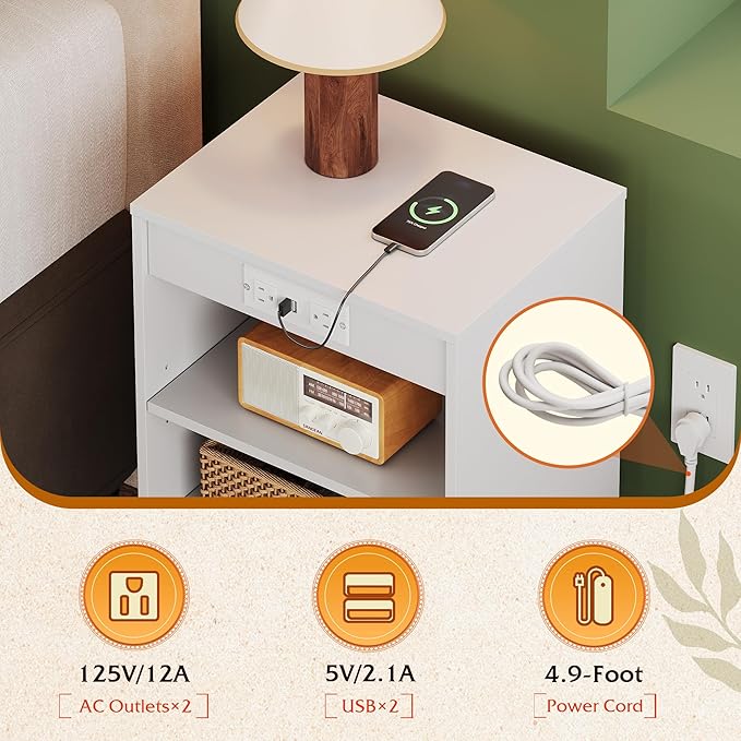 WLIVE White Nightstand, Bedside Tables, Night Stand with Charger Station, Side Table with Storage Shelf, End Table with USB Ports and Outlets for Bedroom, 15.12" D x 11.73" W x 23.74" H