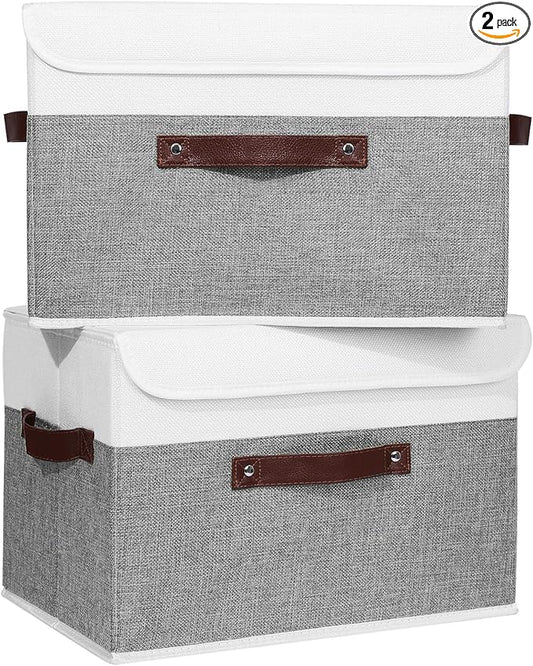 ANMINY 2PCS Storage Boxes with Lid Washable Decorative Storage Bins Basket with PU Leather Handle Foldable Linen Fabric Storage Cubes Containers for Home Closet Organizer - Gray White, Large Size-NeatNest