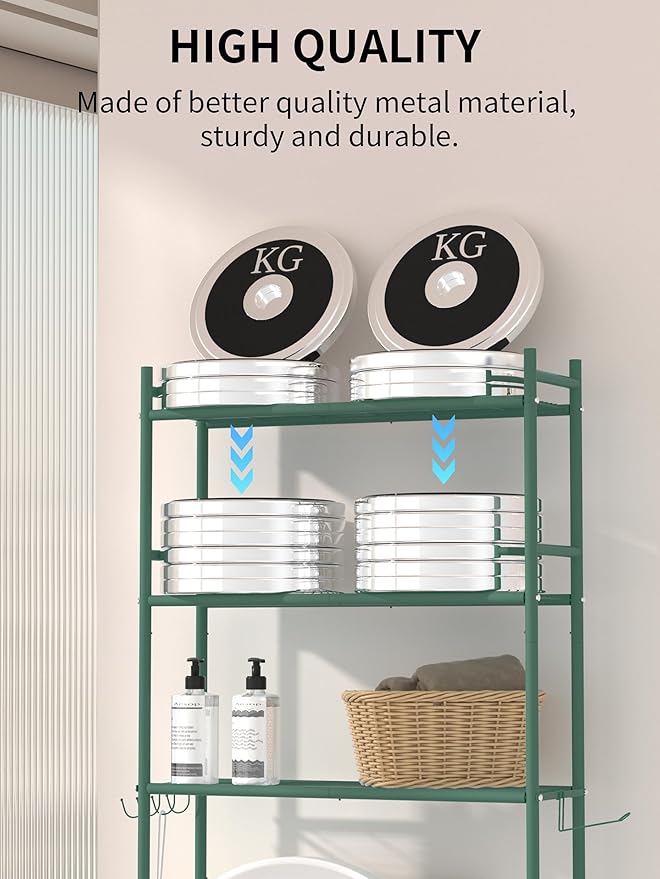 3 Tier Over The Toilet Storage Rack with 2 Basket, Metal Freestanding Bathroom Shelves Toilet with Paper Holder and 4 Hooks, Over Toilet Storage Shelf for Bathroom Storage, Green-NeatNest