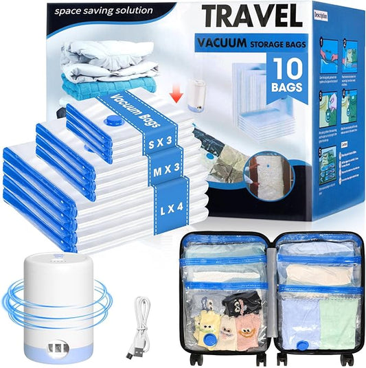 10 Pack Travel Vacuum Storage Bags with USB Electric Pump, Combo Space Saver Vacuum Seal Bags for Clothing Travel Vaccine Sealed Storage Bag for Blankets Clothes Comforters Luggage, Clear-NeatNest