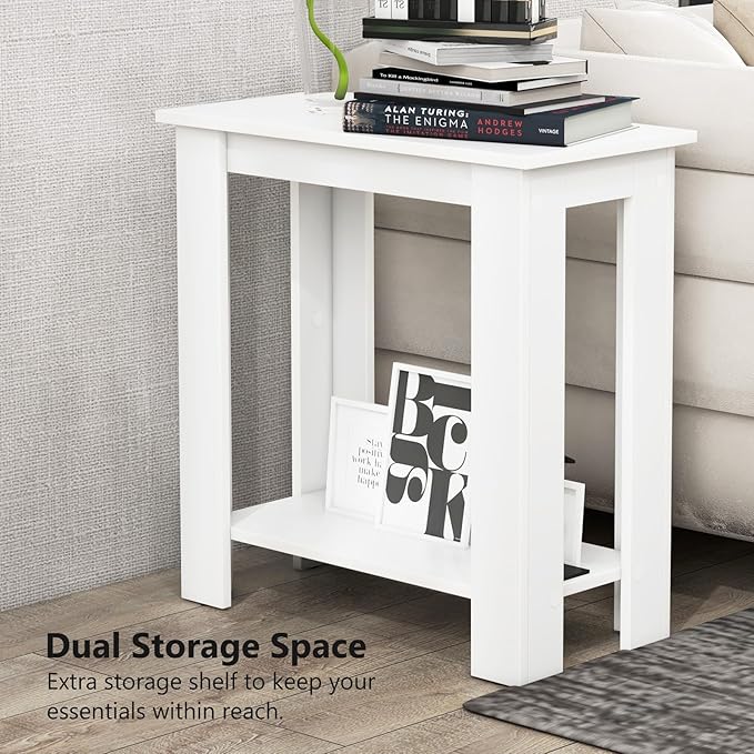GOFLAME 24” Side Table Set of 2, 2-Tier Rectangular End Table with Storage Shelf, Multipurpose Night Stand for Bedroom, Living Room, White