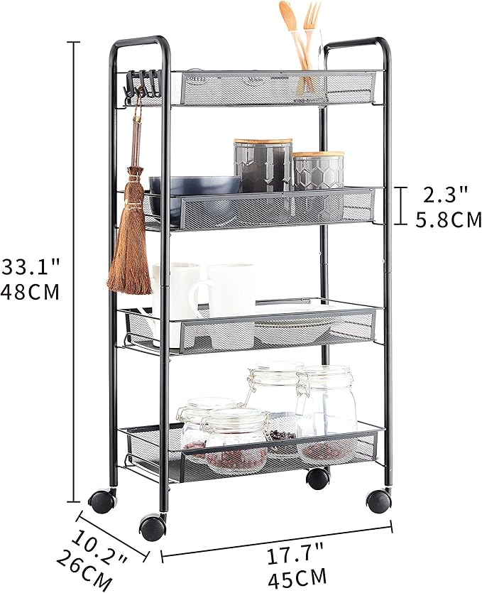 JANE EYRE Rolling Utility Storage Rack Cart on Wheels, Trolley Carft cart, Multi-Purpose Organizer Shelf (Black, 4 Tier)…-NeatNest