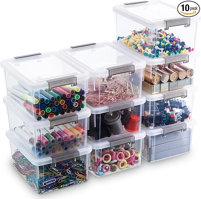 Citylife 1.3 QT 10 Pack Small Storage Bins Plastic Storage Container Stackable Box with Lids for Organizing, Clear White-NeatNest
