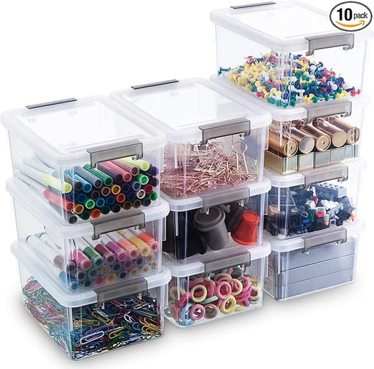 Citylife 1.3 QT 10 Pack Small Storage Bins Plastic Storage Container Stackable Box with Lids for Organizing, Clear White-NeatNest