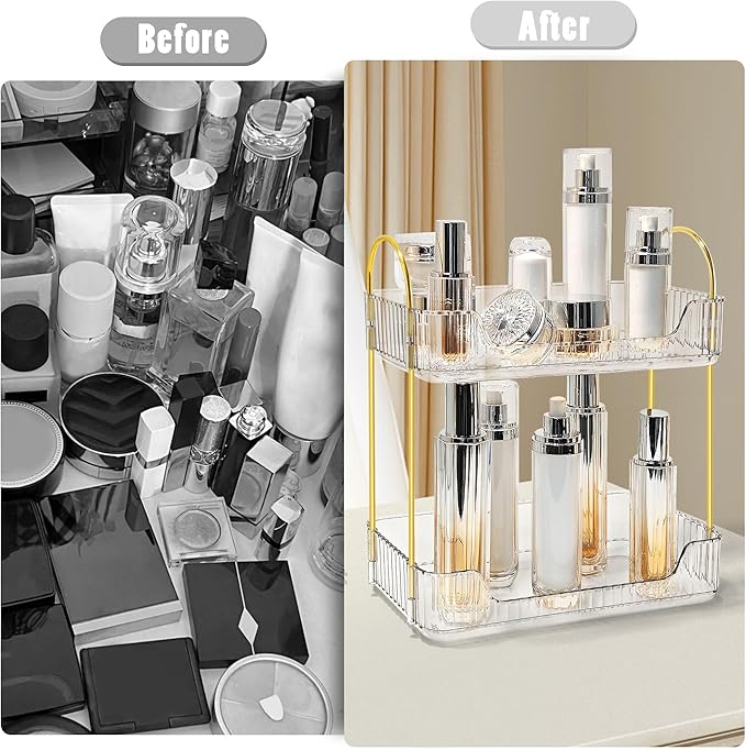Bathroom Counter Organizer Countertop Storage Skincare Countertop Makeup Organizer Cosmetics Skincare Organizers Holder for Perfume-Clear-golden pole-NeatNest