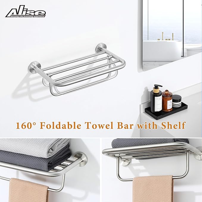 Alise 16 Inch Towel Racks for Bathroom, Foldable Towel Hanger Towel Shelf with Tower Bar, Heavy Duty Towel Holder, SUS 304 Stainless Steel Wall Mount Towel Rail, Brushed Nickel