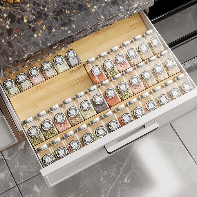 AMBIRD Bamboo Spice Drawer Organizer with Non-slip Mat,4 Tier - 2 Set Jar Spice Rack Tray From 12''to 24'',Hold up 48 Jars Seasoning Organizer for Kitchen,Cabinet,Drawers,Countertop-NeatNest