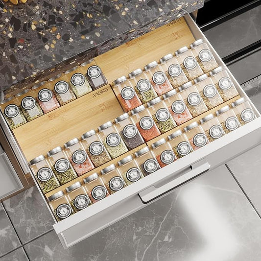 AMBIRD Bamboo Spice Drawer Organizer with Non-slip Mat,4 Tier - 2 Set Jar Spice Rack Tray From 12''to 24'',Hold up 48 Jars Seasoning Organizer for Kitchen,Cabinet,Drawers,Countertop-NeatNest