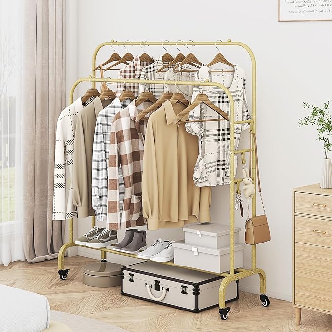Garment Rack with Wheels Clothing Rack for Hanging Clothes Multi-functional Bedroom Clothes Rack，Gold+Double Rods-NeatNest
