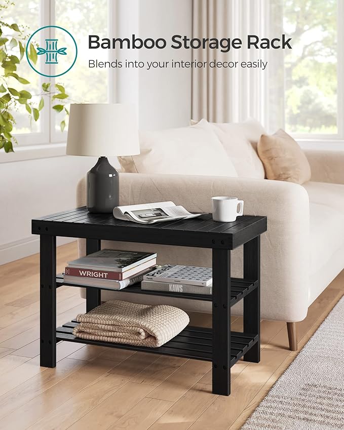 SONGMICS Shoe Rack Bench, 3-Tier Bamboo Shoe Storage Organizer, Entryway Bench, Holds Up to 286 lb, 11.3 x 27.6 x 17.8 Inches, for Entryway Bathroom Bedroom, Ink Black ULBS04H-NeatNest