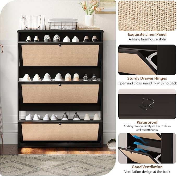 AVZEAR Narrow Shoe Storage Cabinet for Entryway with Natural Linen Panel, Freestanding Slim Shoe Cabinet with 3 Flip Drawers, Wood Shoe Organizer Closed Shoe Rack for Hallway, Living Room(Black)-NeatNest