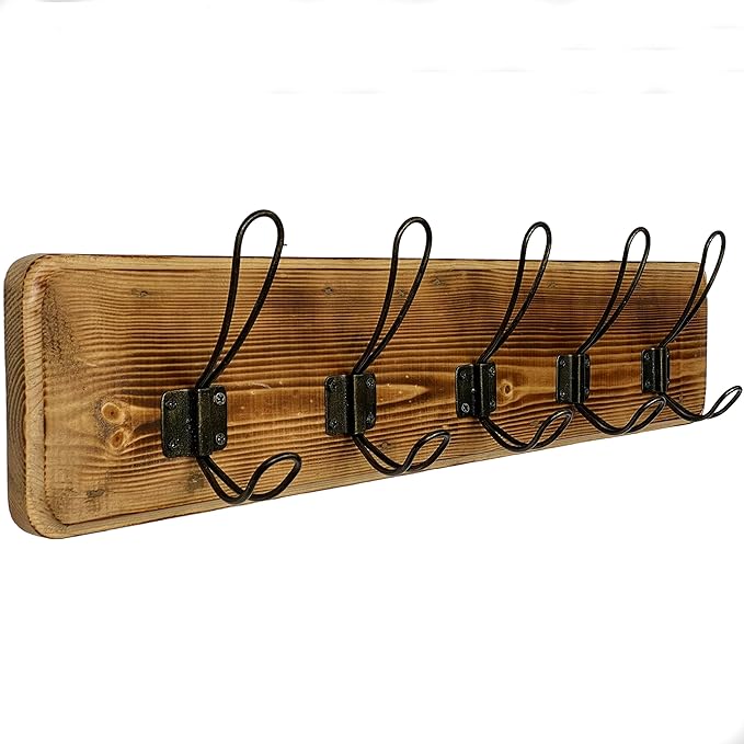 24” Wooden Wall-Mount Coat Rack, Burnt Pine Rustic Pine with 5 Storage Hooks, Farmhouse Design for Jackets, Hats, Scarves, Umbrellas, Bags, Keys, Leashes, Towel, Entryway, Bedroom, Bathroom