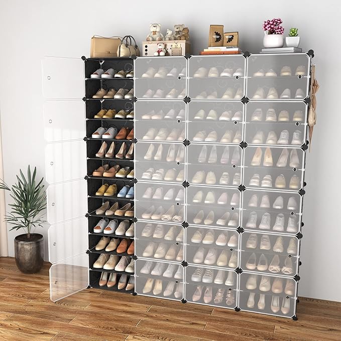 Portable Shoe Rack Organizer with Door, 96 Pairs Shoe Storage Cabinet Easy Assembly, Plastic Adjustable Shoe Storage Organizer Stackable Detachable Free Standing DIY Expandable 12 Tier Black-NeatNest