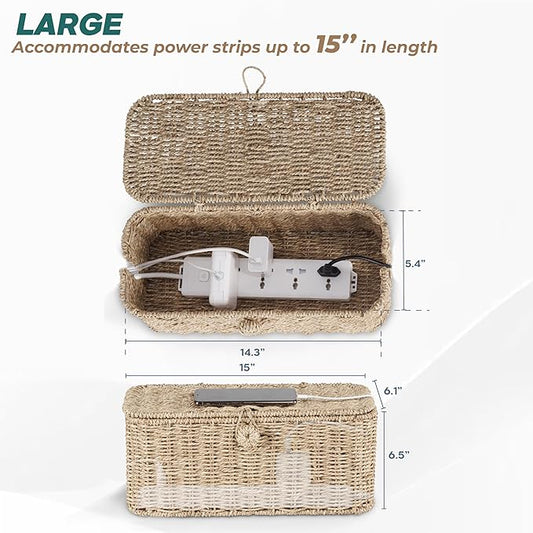 BLUEWEST Large Cable Management Box, Natural Rattan Cable Cord Organizer Boxes for Power Strip – 2 Open Slots Cords Hider Box for TV Wires, Computer, Router, USB Hub and Under Desk Power Strip-NeatNest