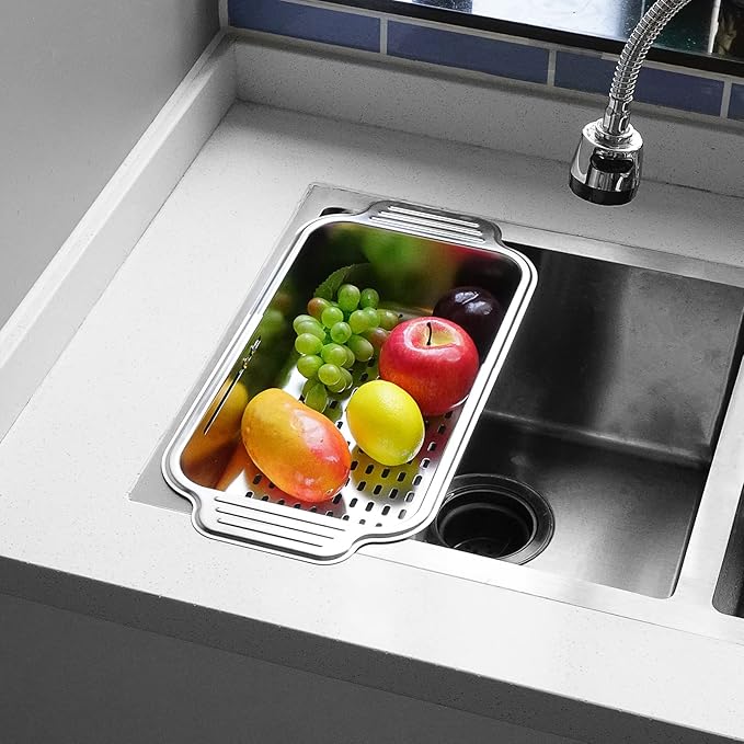 LUEXBOX Expandable Dish Drying Rack Over The Sink, Stainless Steel Drainer Basket with Adjustable Arms for Vegetable and Fruit (Silver)