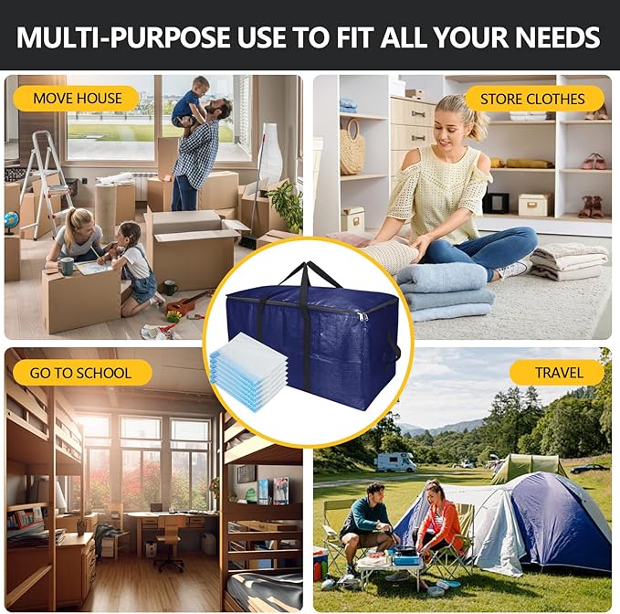Extra Large Storage Bags Set Heavy Duty Moving Totes With Backpack Straps – Strong Handles & Zippers, (Blue, 12 Park-2 Moving bag & 10 Vacuum Seal Bags)