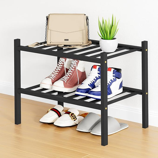 Smiry Shoe Rack, 2 Tier Small Bamboo Shoe Organizer, Stackable Free Standing Wooden Shoe Storage Shelf for Closet, Entryway, Front Door Entrance, Black-NeatNest