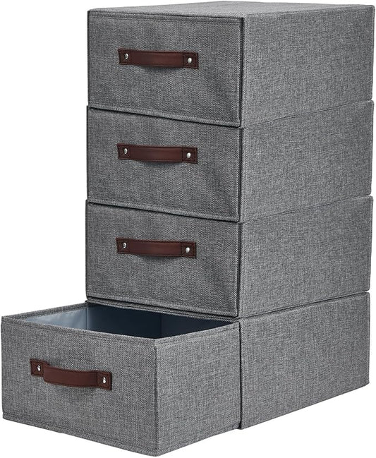 4PCS Closet Drawer Organizer Stackable Fabric Storage Boxes Bins Baskets with Lid PU Leather Handles Foldable Washable Cotton Linen Wardrobe Shelf Cloth Towels Container (Gray, Large)-NeatNest