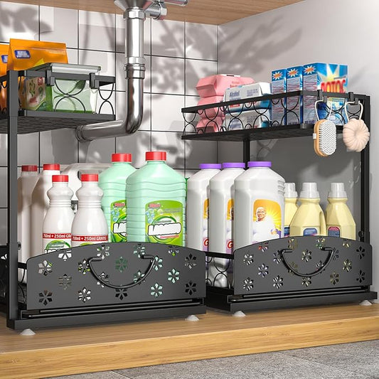 2 Packs Under Sink Organizer, High Adjustable 2 Tier Under Kitchen sink organizer, Multi-Purpose Storage Shelf for Kitchen Bathroom Cabinet, Black (Black02)-NeatNest