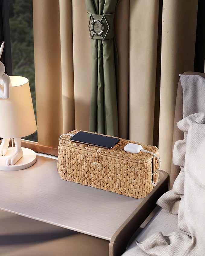 BLUEWEST Cable Management Box, Water Hyacinth Organizer Box, Durable Rattan Cable Organizer with Dual Open Slots for Desk, TV, or Office Cords, Stores Power Strips, USB Hubs, and Wires