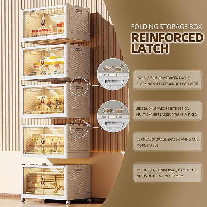 520 QT / 130 Gal Stackable Collapsible Storage Bins with Magnetic Doors & Wheels - Space-Saving Plastic Organizer Cabinet for Closet, Office, Home (White)-NeatNest